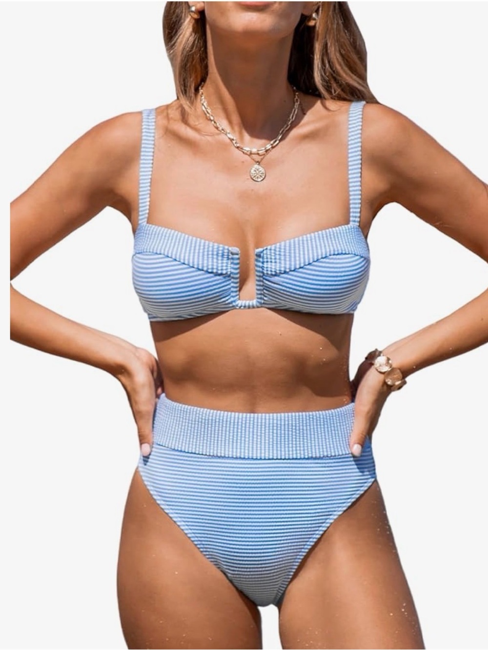 Cupshe Light Blue Striped High-Waist Bikini Set